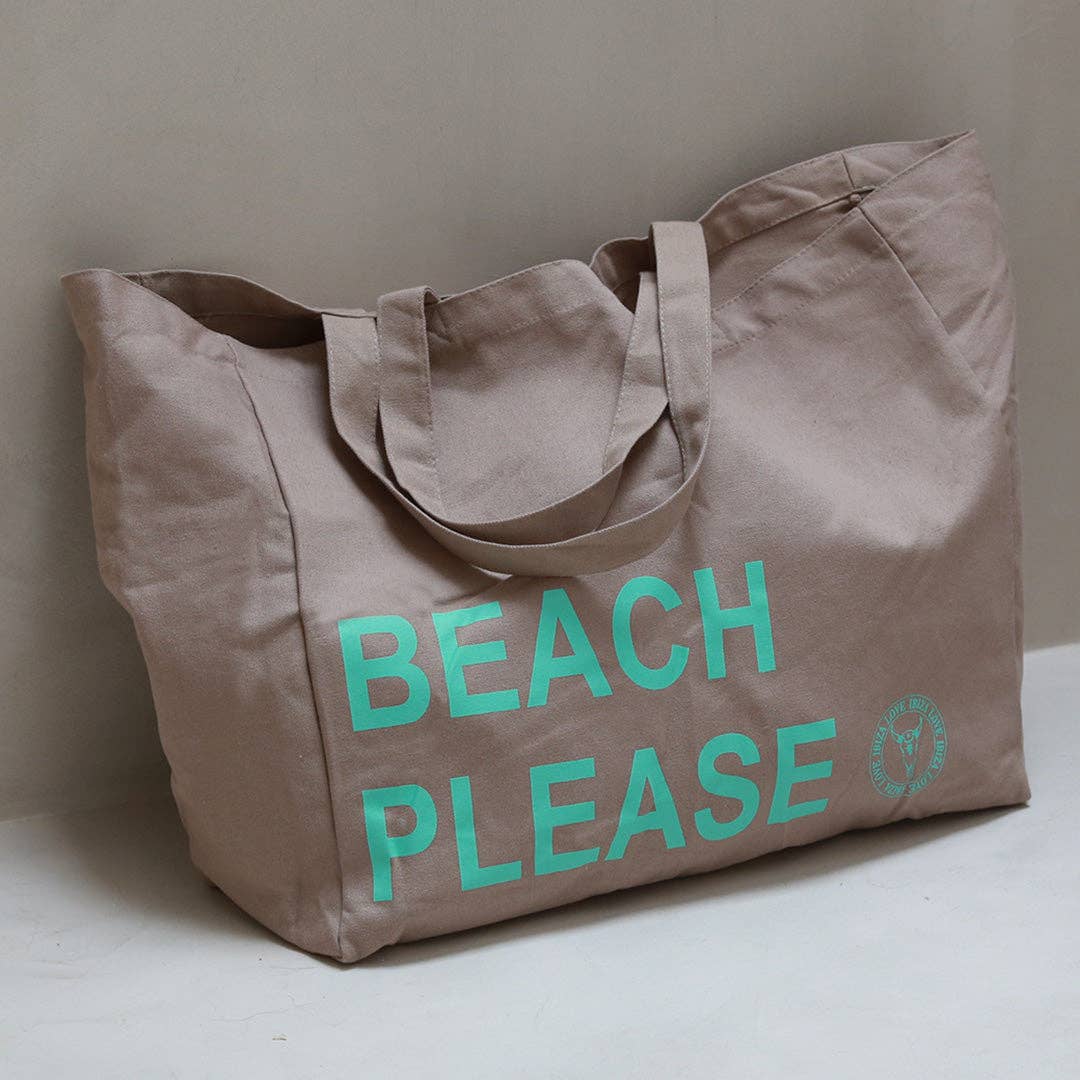 Bolsa de playa de lona taupe con texto «BEACH PLEASE»