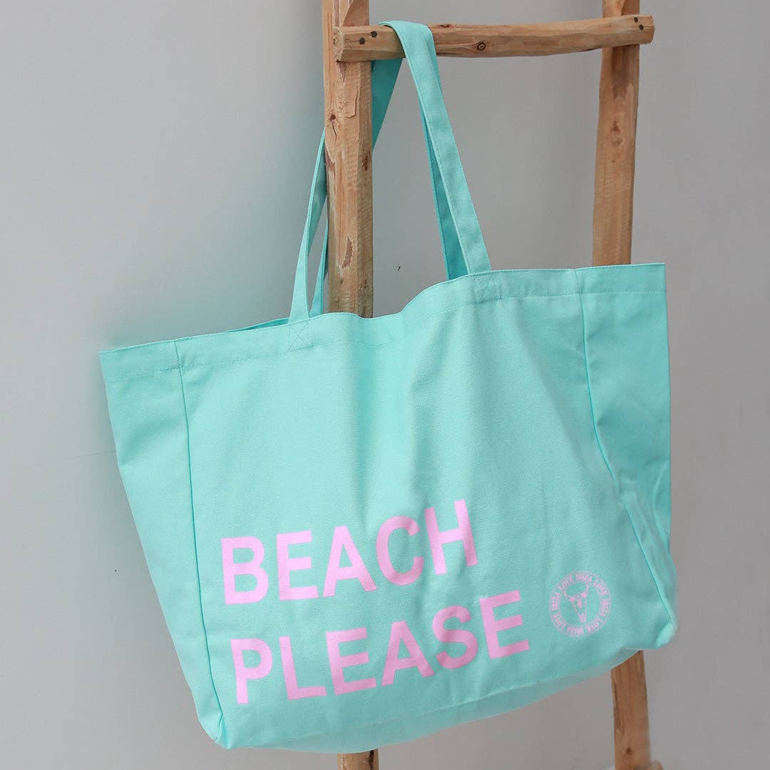 Bolsa de playa de lona con texto 'BEACH PLEASE' en turquesa y rosa