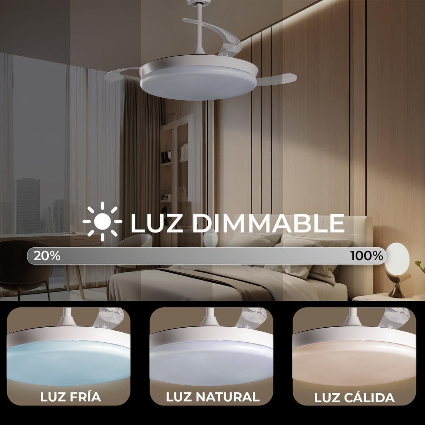 Ventilador de techo con luz y aspas retractiles - blanco