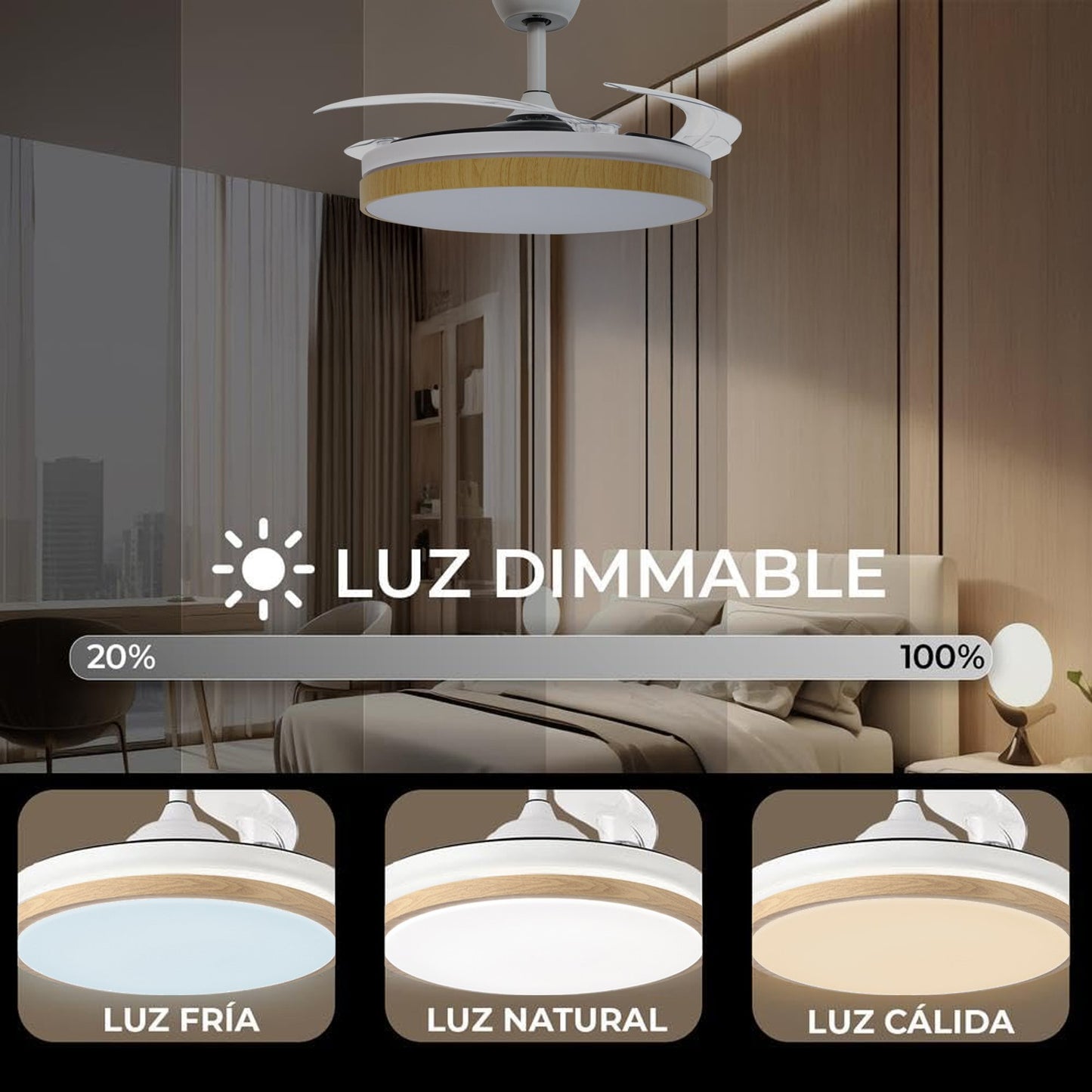 Ventilador de techo con luz y aspas retractiles - madera