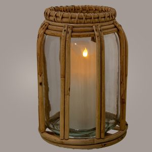 Porta velas cristal y mimbre grande