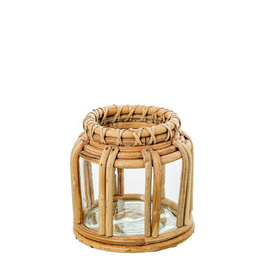 Porta velas cristal y mimbre pequeño