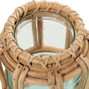 Porta velas cristal y mimbre pequeño
