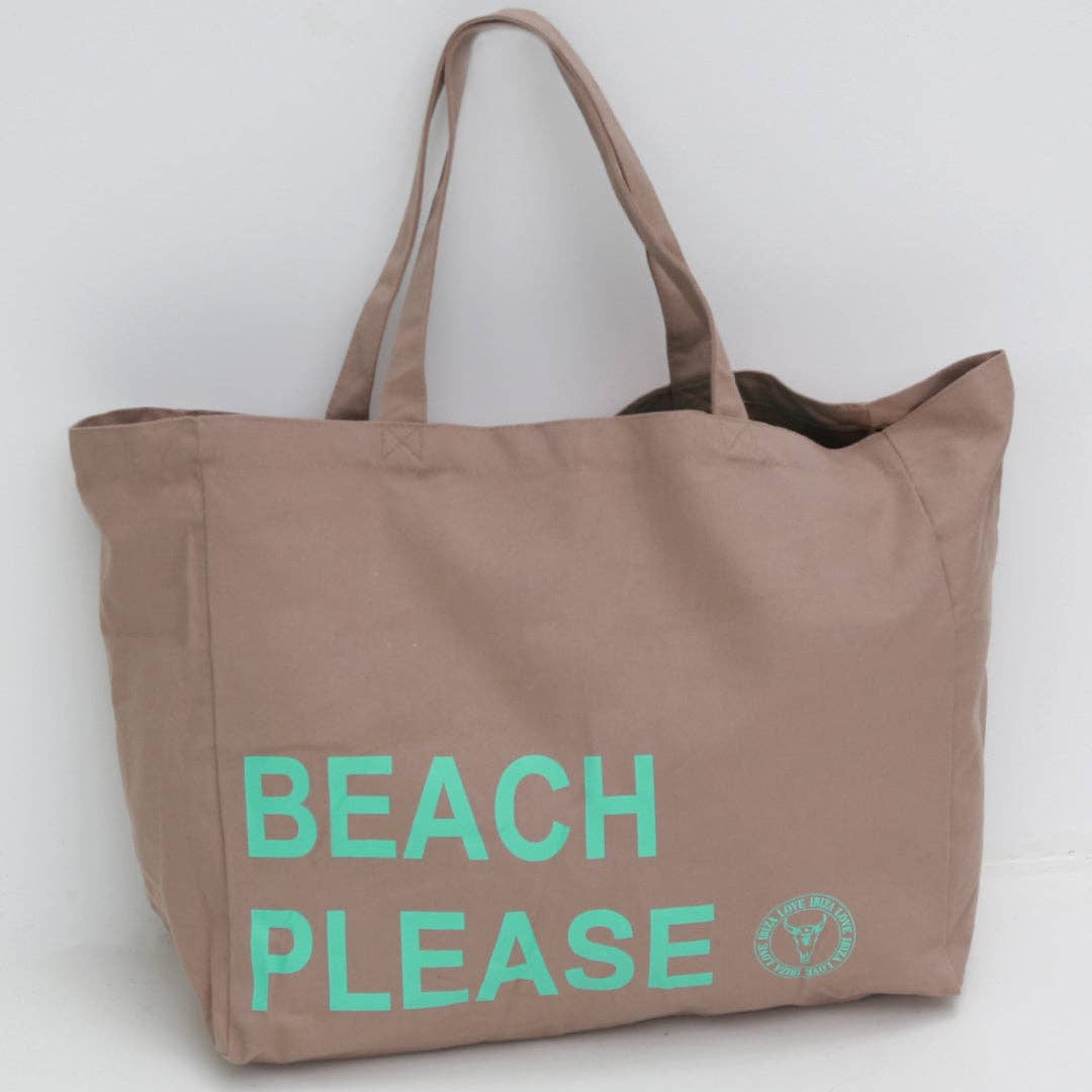 Bolsa de playa de lona taupe con texto «BEACH PLEASE»