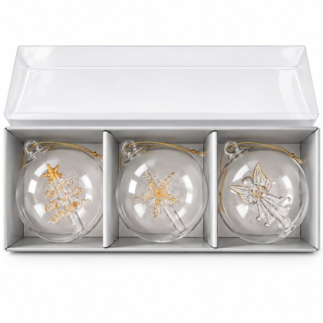 Juego de 3 bolas de Navidad de vidrio transparente