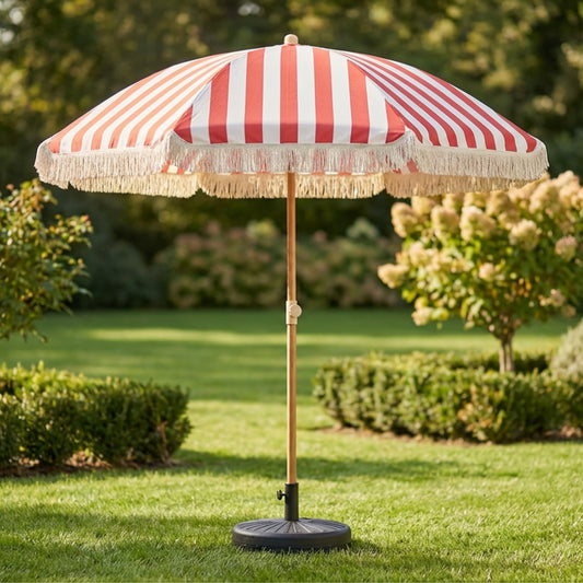 Sombrilla de jardín a rayas con flecos - coral