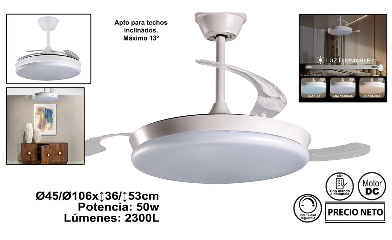 Ventilador de techo con luz y aspas retractiles - blanco
