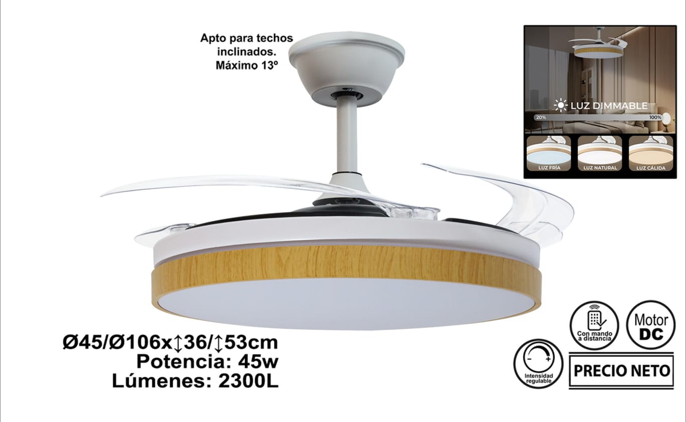 Ventilador de techo con luz y aspas retractiles - madera